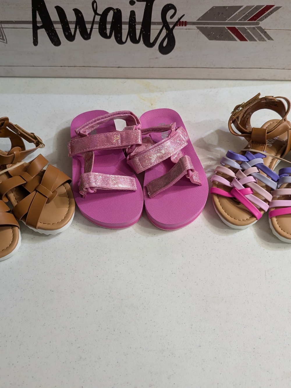 3 Pair. Girls Sandals. Brown. Pink. Multi.